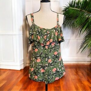 Red Leaf Green Floral Ruffle Button-Front Sleeveless Top – Size S